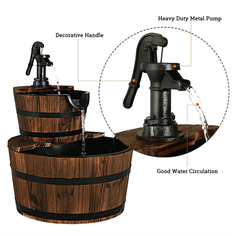 2-Tier Outdoor Barrel Waterfall Fountain with Hand Pump for Garden Backyard