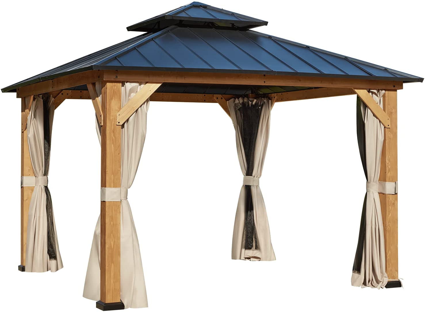 Mellcom 11' x 11' Solid Wood Gazebo, Outdoor Hardtop Gazebo with Curtains and Mosquito Netting, for Patio, Garden, Backyard