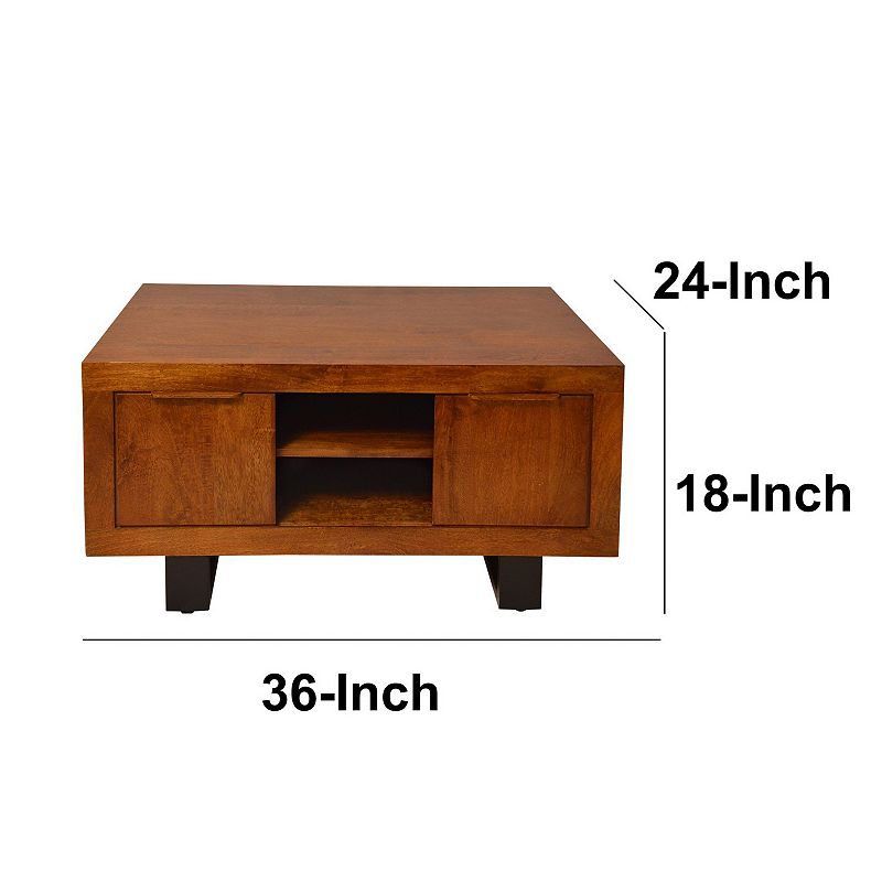 36 Inch Rectangular Wooden Industrial Coffee Table， Open Compartments And Sled Base， Brown