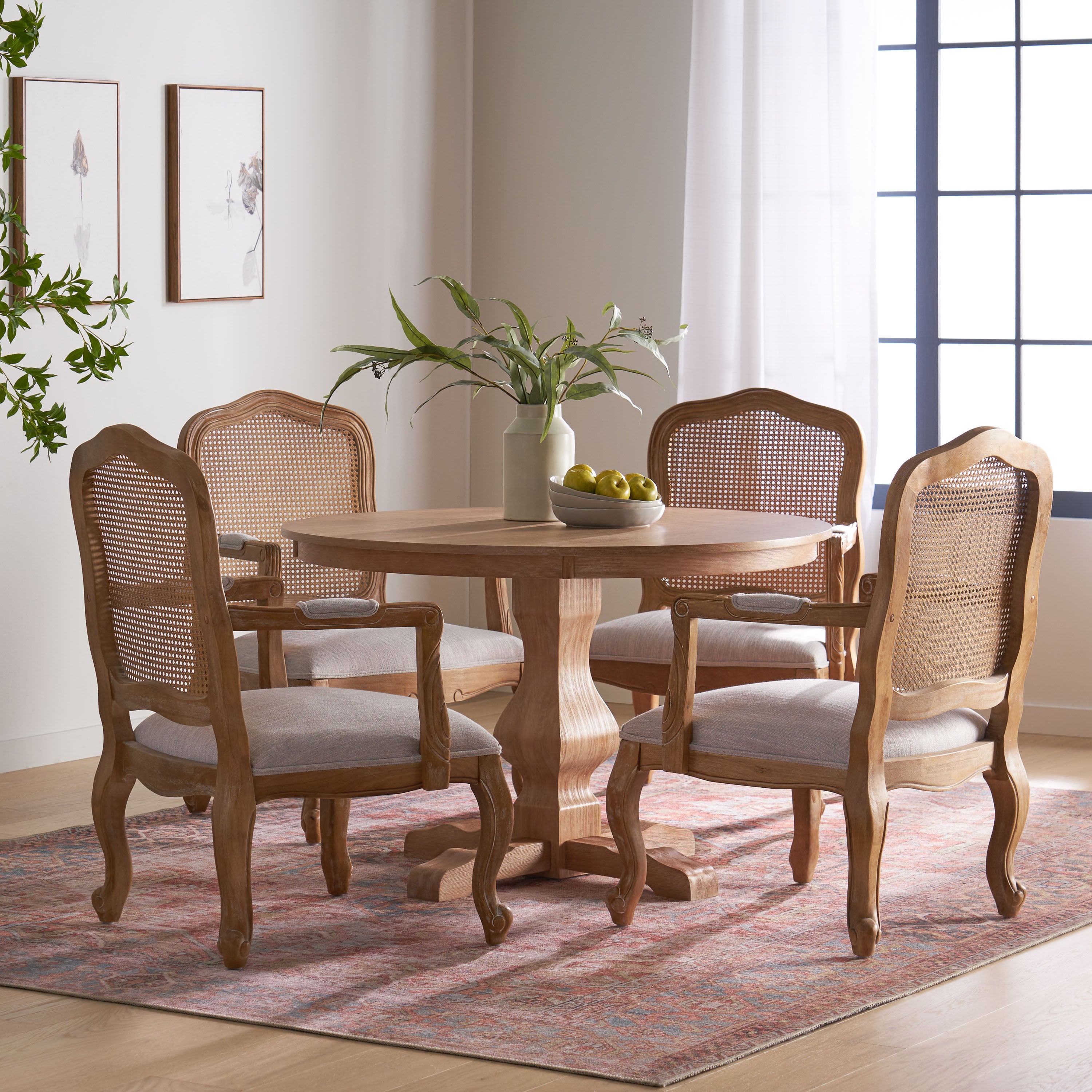 Absaroka French Country Fabric Upholstered Wood and Cane 5 Piece Circular Dining Set