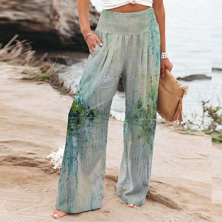 Elastic Printing High Waist Casual Wide Leg Pants With Pockets