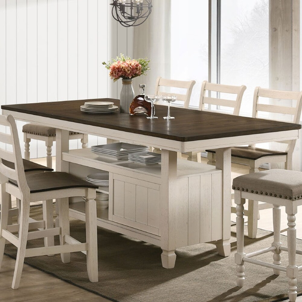 Rectangular Counter Height Table with Storage Base in Oak and Antique White