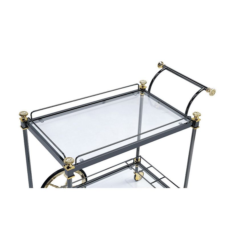 Metal Framed Serving Cart with Glass Shelves and Side Handle， Black and Gold