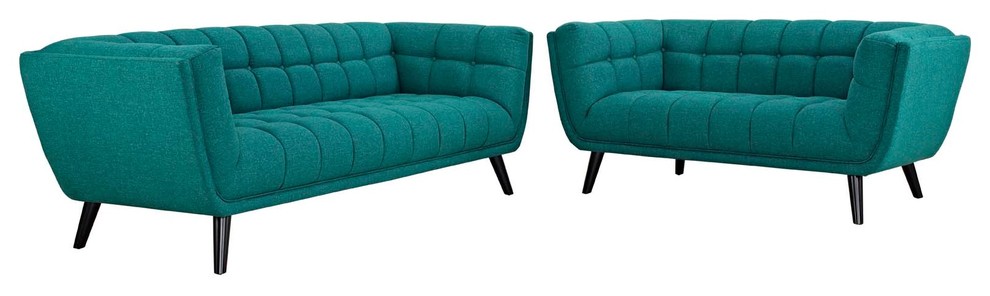 Bestow 2 Piece Upholstered Sofa and Loveseat Set  Teal   Midcentury   Living Room Furniture Sets   by Homesquare  Houzz