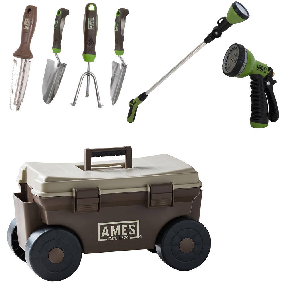 Ames 7-Piece Planting Watering and Rolling Cart Garden Tool Set for Outdoor Gardening 10000-03448