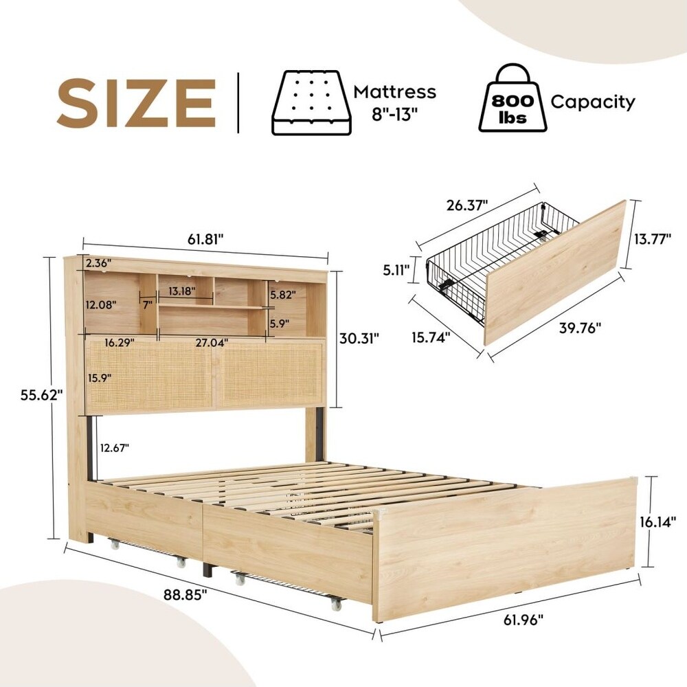 Boho Natural Rattan Queen Bed with Storage Drawers