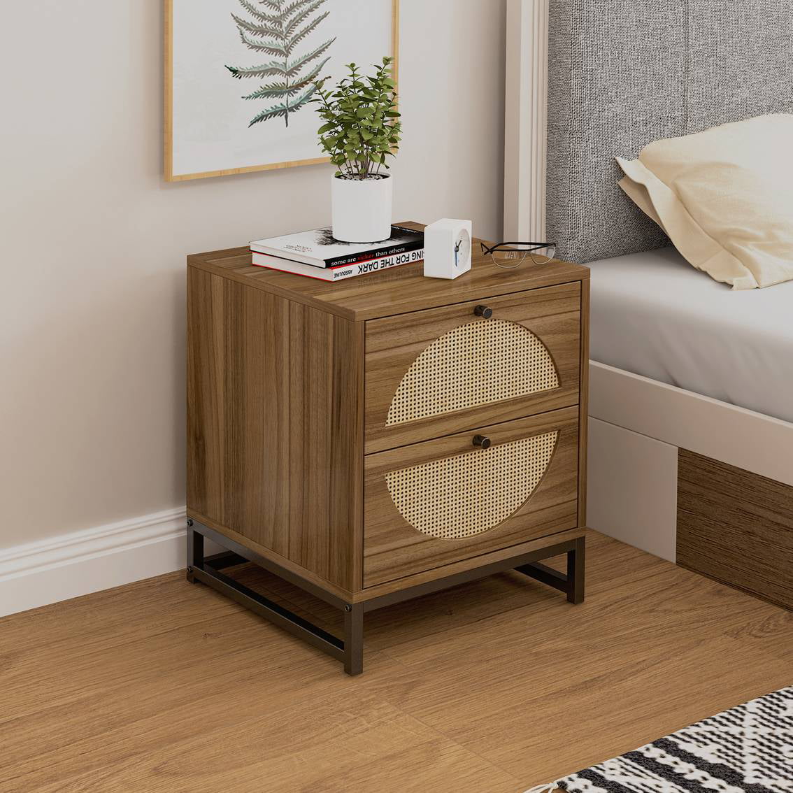 Rattan Nightstand Set of 2 Walnut End Table with 2 Natural Rattan Drawer