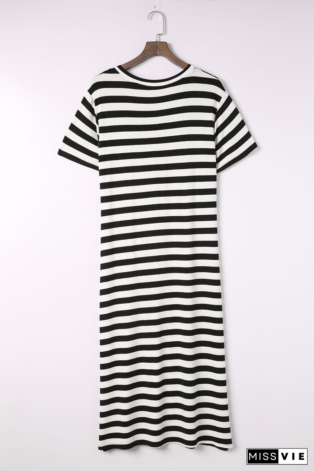 Black Stripe Print V Neck Maxi Dress with Side Splits