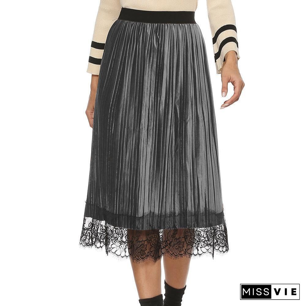 Fashion Pleated Lace Joint Velvet Skirt