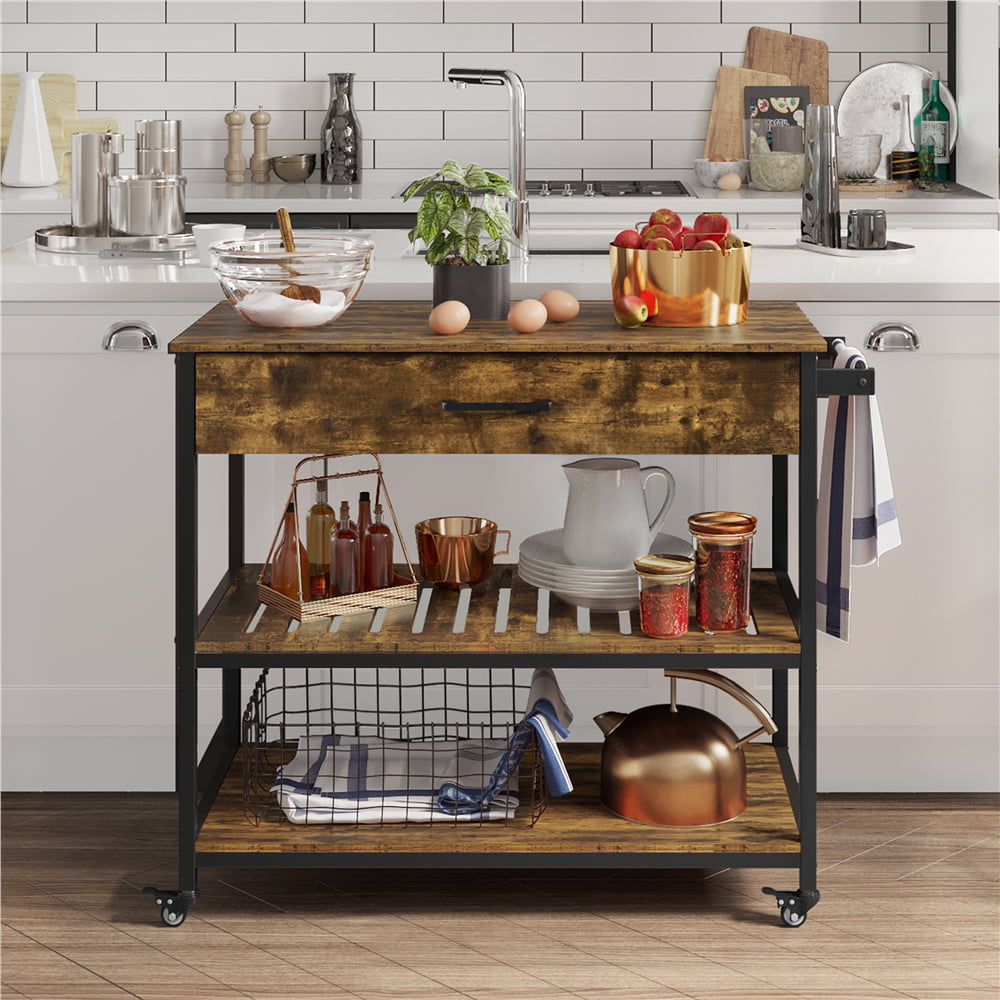 Easyfashion 3-Tier Rolling Kitchen Island Microwave Serving Cart with Storage， Rustic Brown