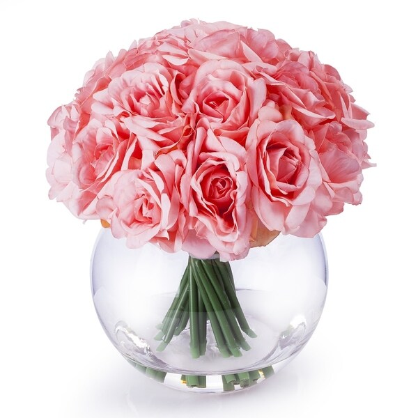 Enova Home Artificial 21 Heads Silk Roses Fake Flowers Arrangement in Round Clear Glass Vase with Faux Water for Home Decoration