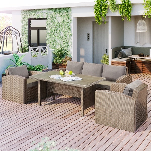 4-Pieces Outdoor Patio Garden Conversation Furniture Set for 5， PE Wicker Sectional Cushion Sofa Set for Any Outdoor or Places - Overstock - 37476149