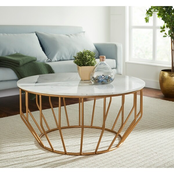 Golden Leaf Modern Coffee Table with Real Marble Top and Gold Base