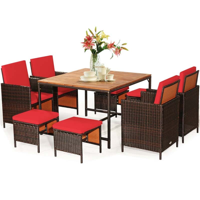 9 Pcs Rattan Wicker Outdoor Patio Dining Set with Acacia Wood Dining table, 4 Ottomans, 4 Cushioned Armchairs