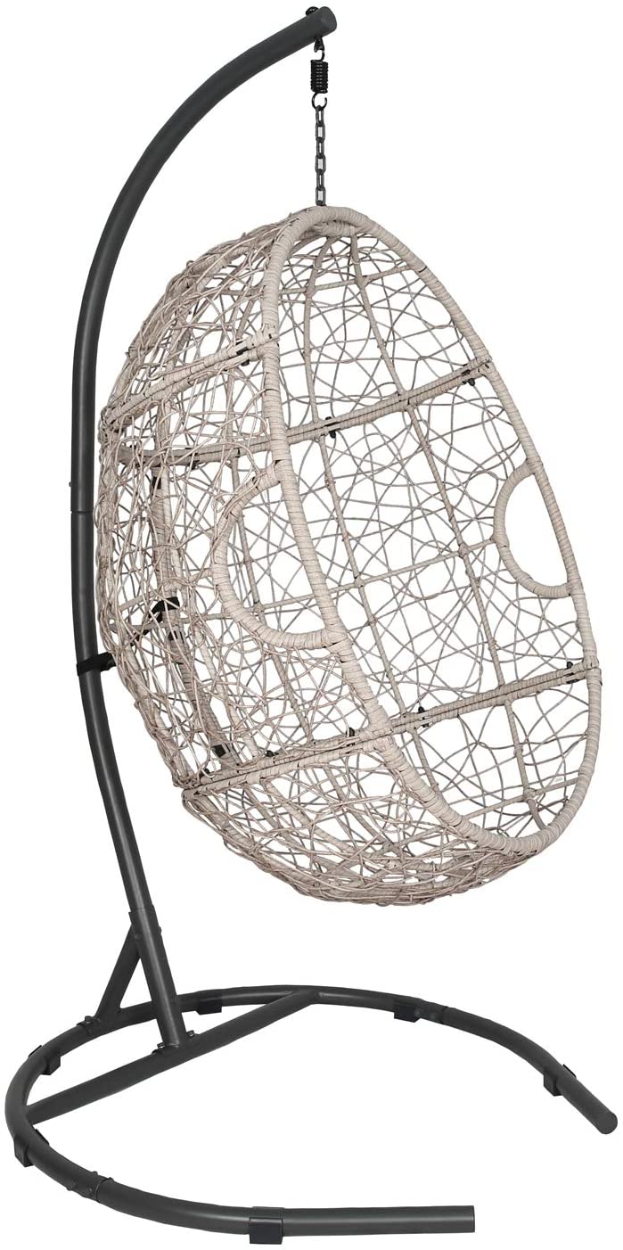 Ulax Furniture Outdoor Patio Wicker Hanging Basket Swing Chair Tear Drop Egg Chair with Cushion and Stand (Beige)