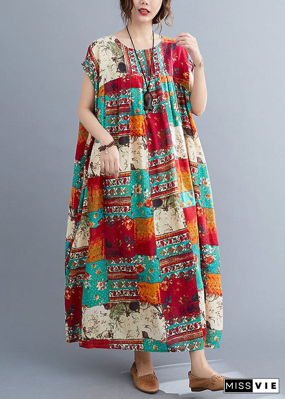 Plus Size O-Neck Patchwork Print Long Dresses Short Sleeve