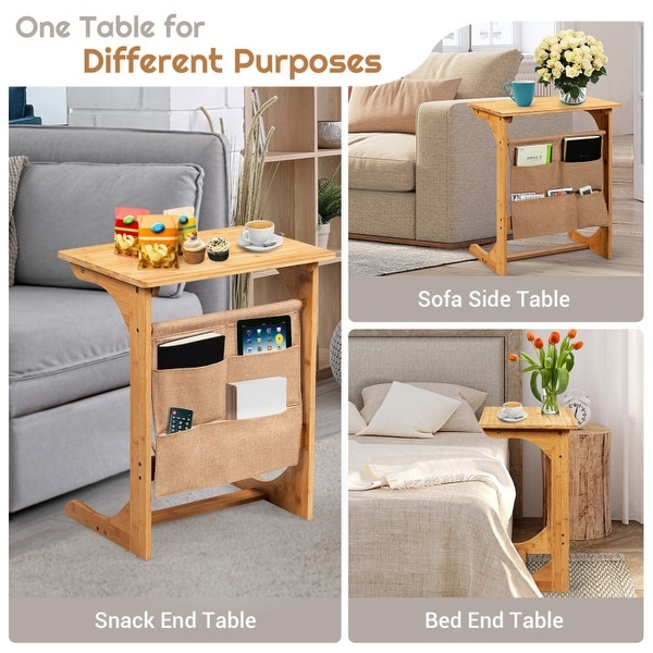 Bamboo Sofa Table End Table Bedside Table with Storage Bag - 19.5