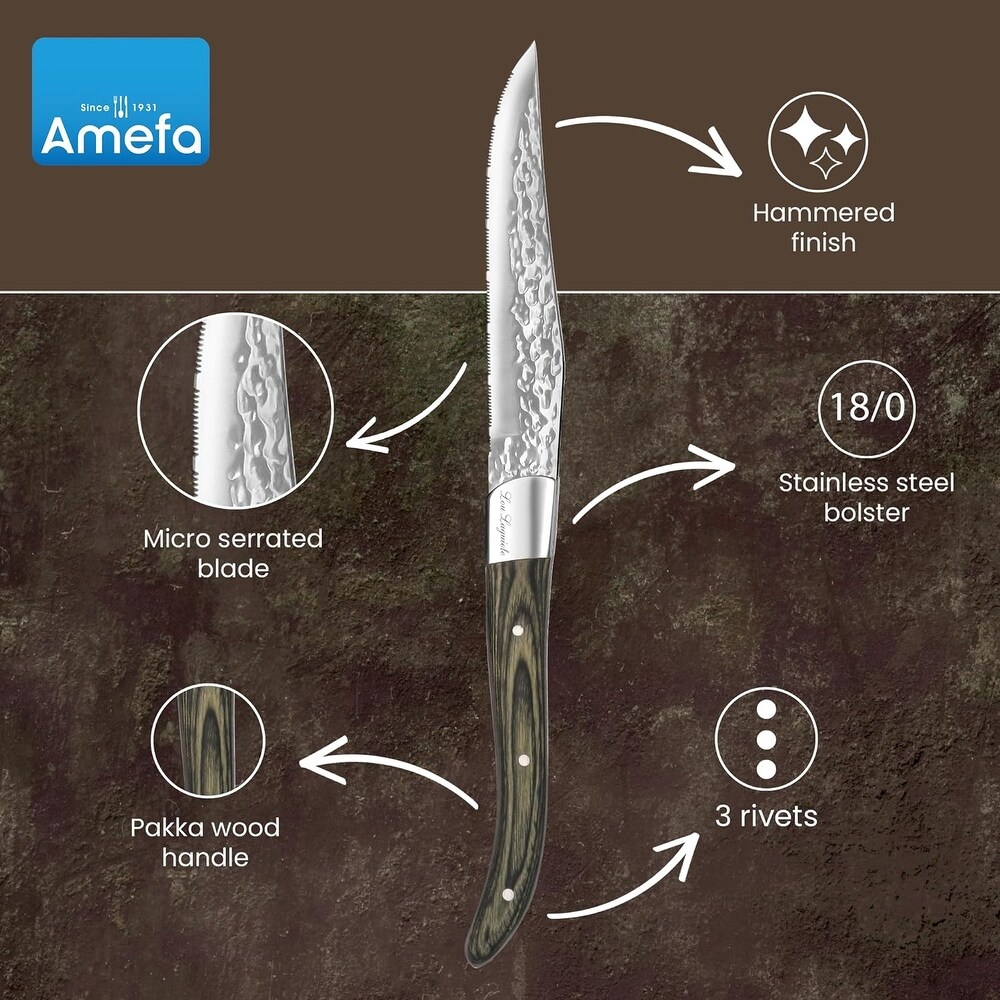 Amefa Lou Laguiole Vulcano Steak Knives Set of 6 Pakka Wood Handle   Silver and Pakka Wood