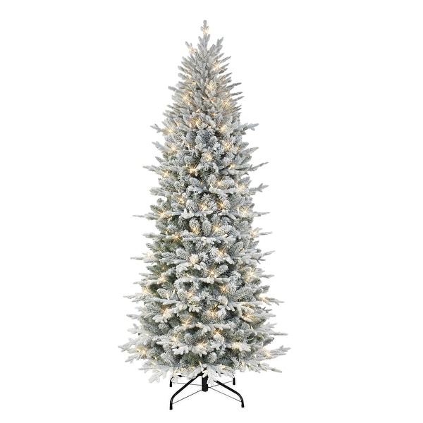 Puleo International 7.5 ft. Prelit Slim Flocked Northern Fir Artificial Christmas Tree