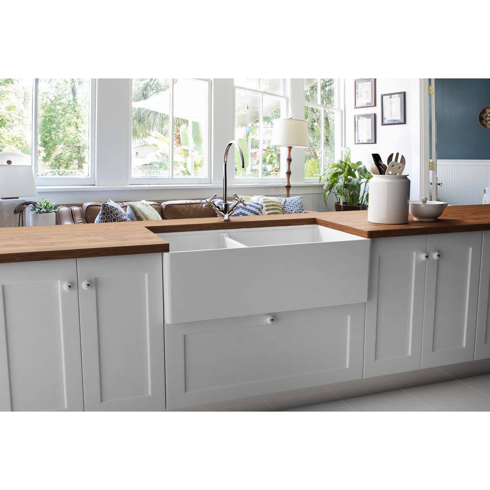 Empire Industries Delux Fireclay 33 in. Double Bowl Farmhouse Kitchen Sink with Workstation DER33D