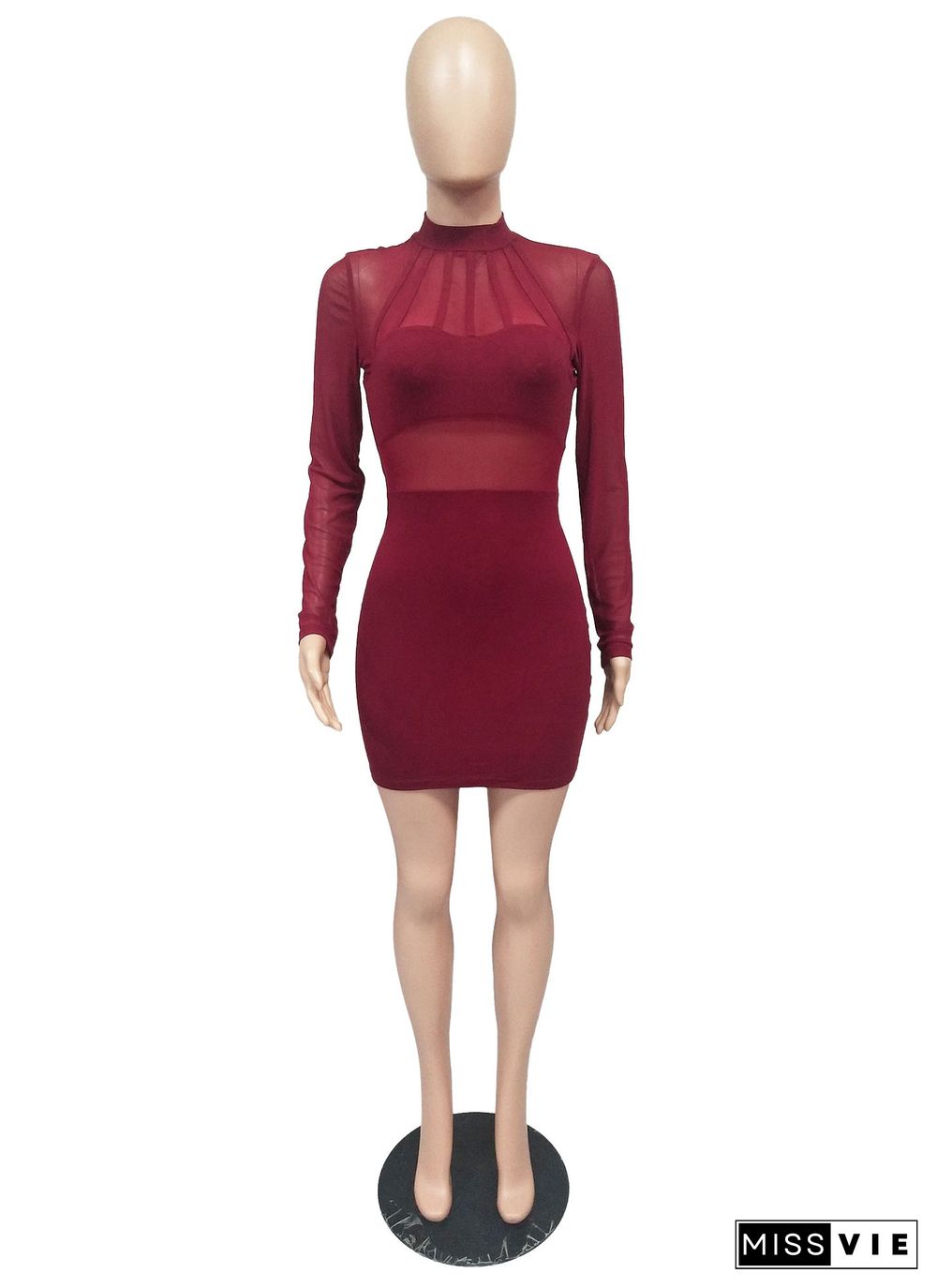 Elegant Mesh Gauze Stitching Long Sleeve Bag Hip Bodycon Dress