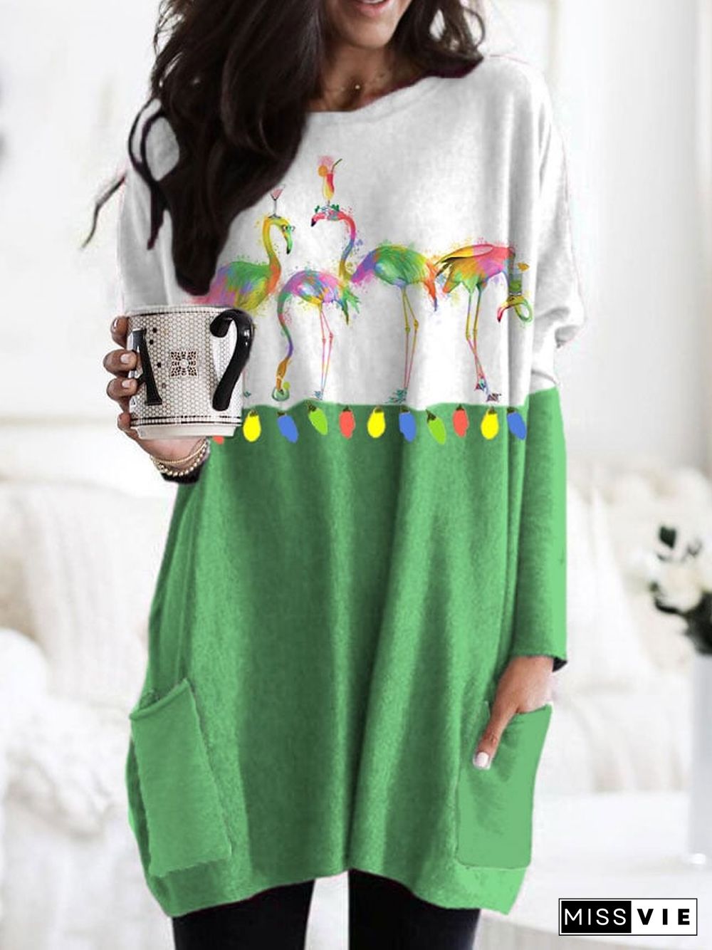 Women's Christmas Watercolor Flamingo Print Dress