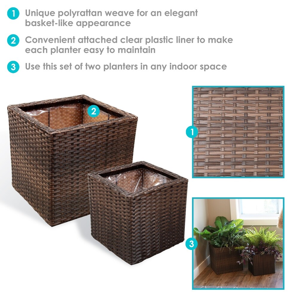 Sunnydaze Square Polyrattan Indoor Planters   1 Large/1 Small Planter