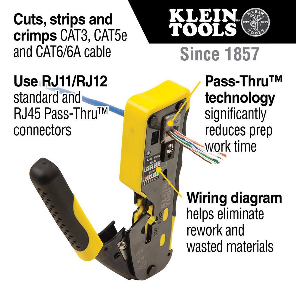 Klein Tools Ratcheting Pass-Thru Modular Crimper Combination Radial Stripper and (20-Pack) Pass-Thru Modular Data Plugs CAT5E M2O41329KIT