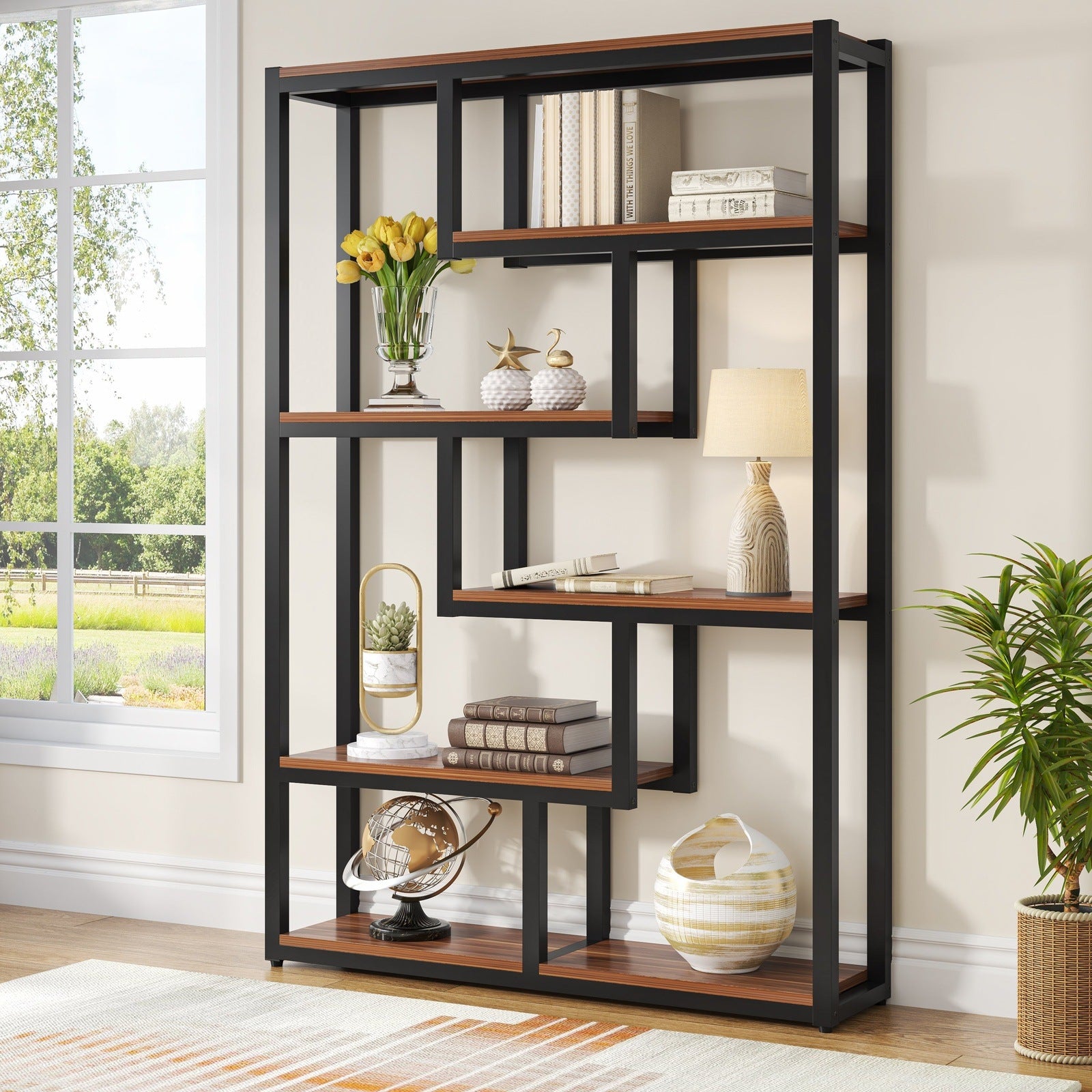 6-Tier Bookshelf, 69 Industrial Etagere Bookcase with Staggered Shelves