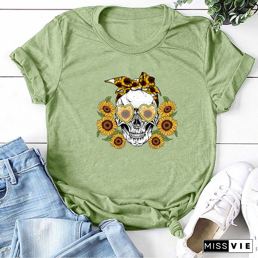 Skull Sunflowers Print T-shirts Women Summer Graphic Tees Gothic ShirtsFor Women Loose Aesthetic Clothes Ropa Mujer