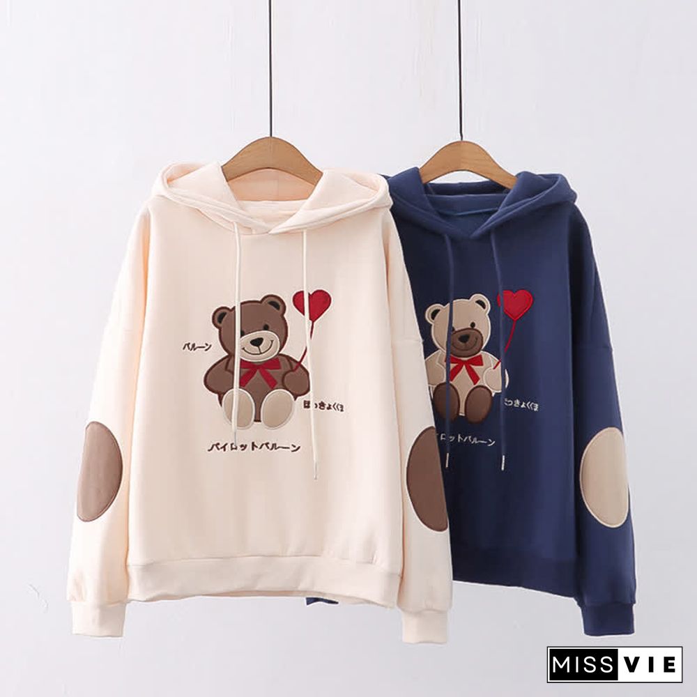 Cartoon Bear Embroidery Loose Plush Hoodie