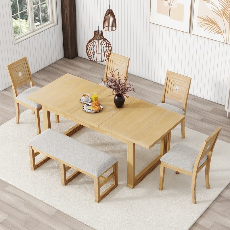 Modern 6 Piece Extendable Dining Table Set with Butterfly Leaf  4 Upholstered Dining Chairs and 1 Dining Bench Set for 6