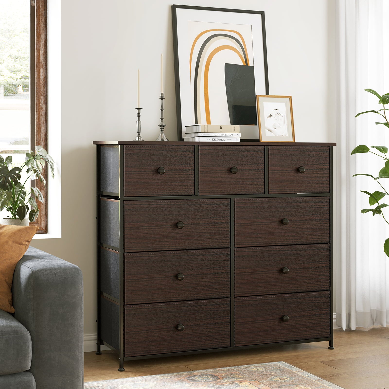 REAHOME Dresser with 9 Drawers Leather Finish Chest of Drawers Dressers for Bedroom Rustic Brown RZP9B1