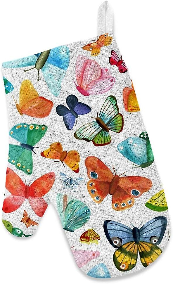 Kitchen Oven Mitts Glove Potholder Apron 3pcs Set Watercolor Butterflies Non Slip Heat Resistant Mitts For Baking Cooking Bbq