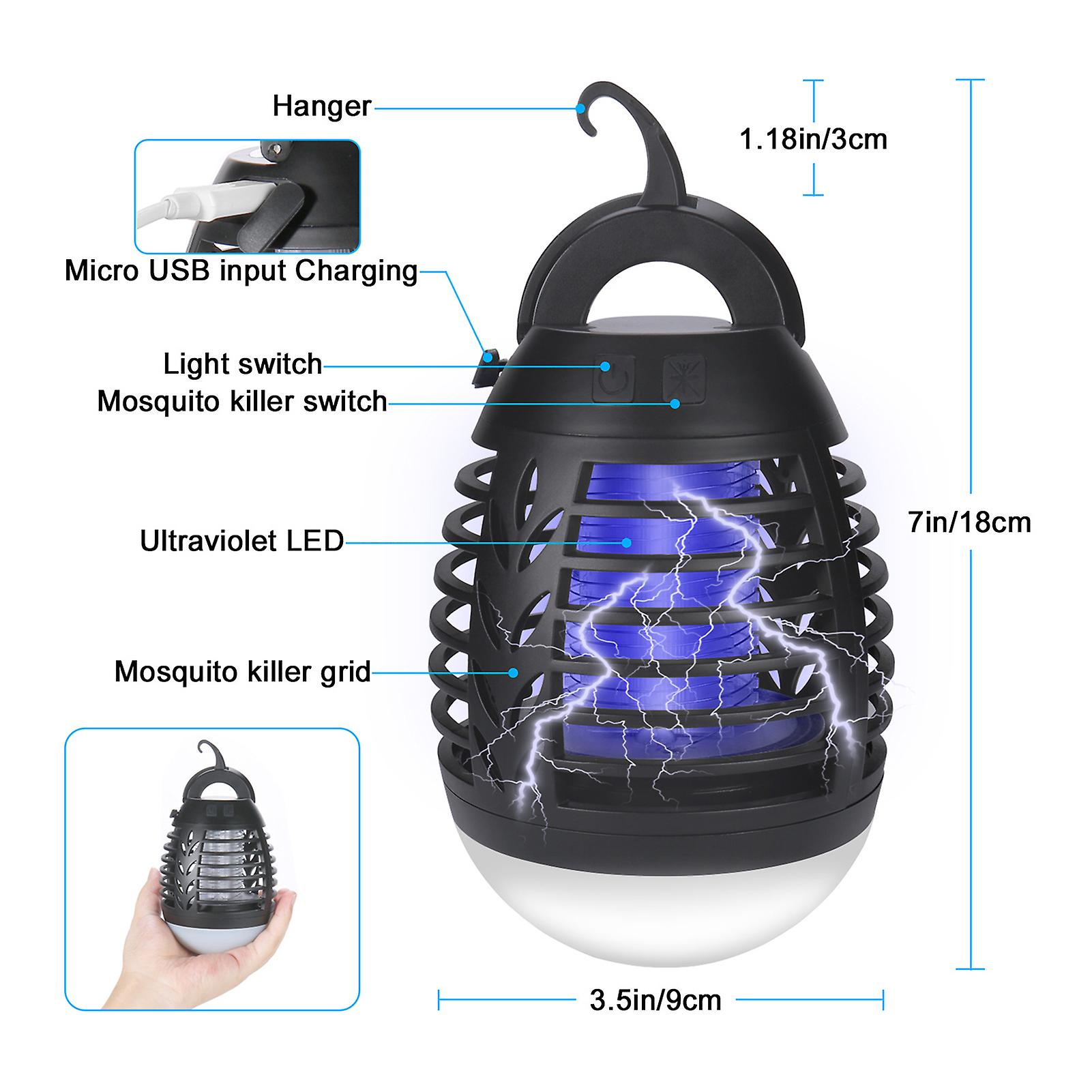 Black Bug Zapper Camping Lamp， Tent Light Bulb Portable Led And Emergency Lantern With Waterproof Mosquito Repellent Fly Killer Usb 2200mah Rechargeab