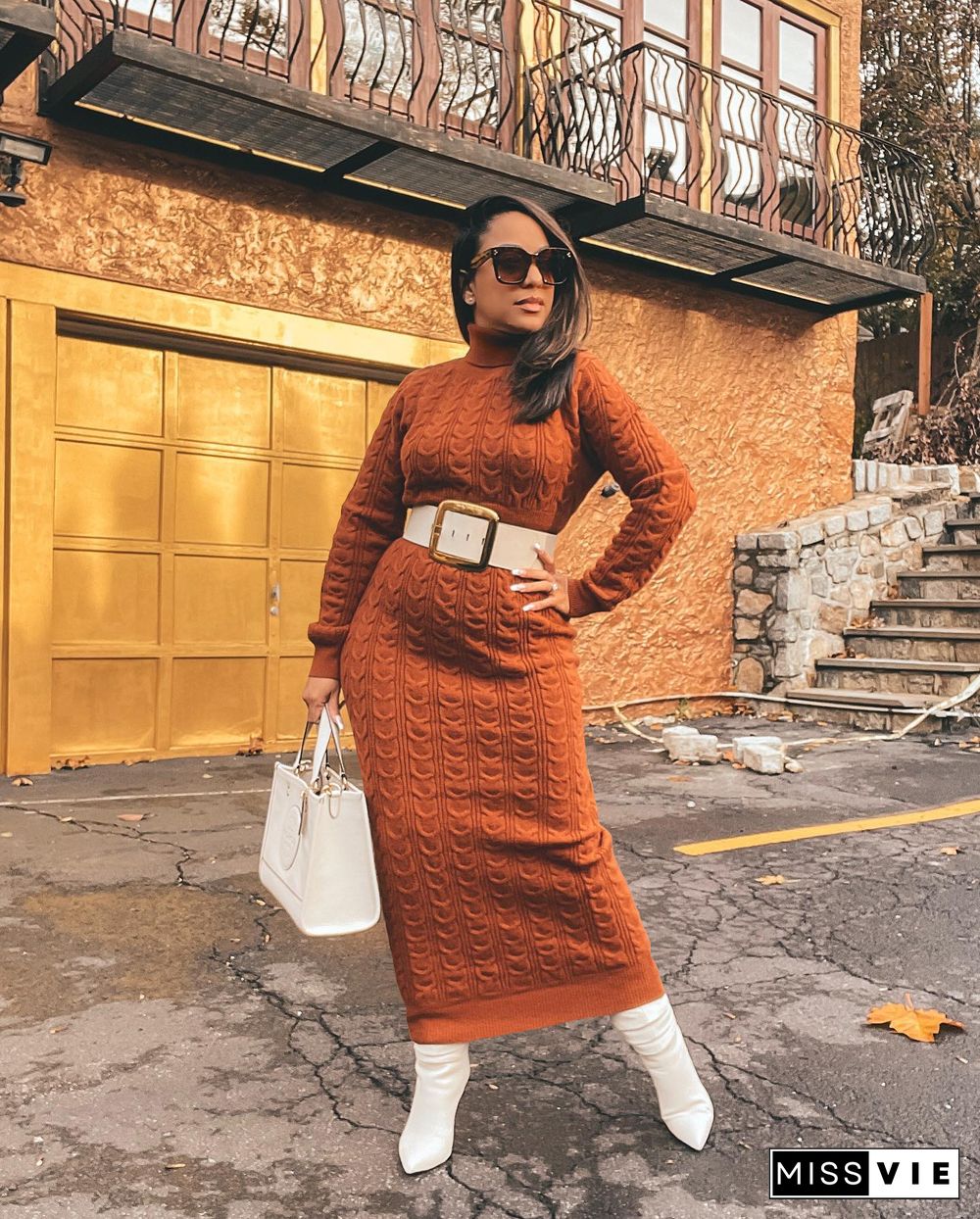 Turtleneck Long Sleeve Twist Knitted Sweater Dress