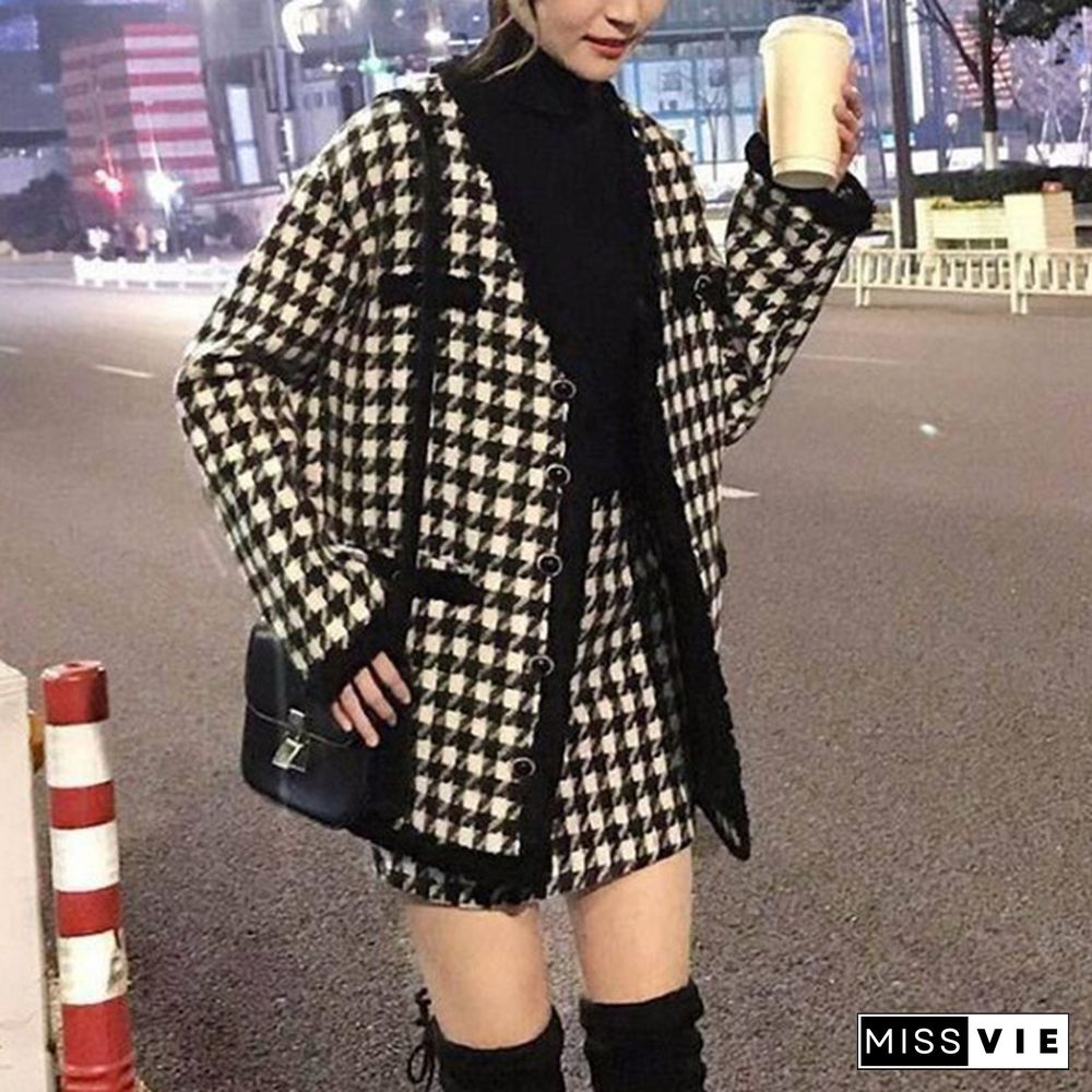 Houndstooth Vintage Two Piece Sets Outfits Women Autumn Cardigan Tops And Mini Skirt Suits Elegant Ladies Fashion 2 Piece Sets