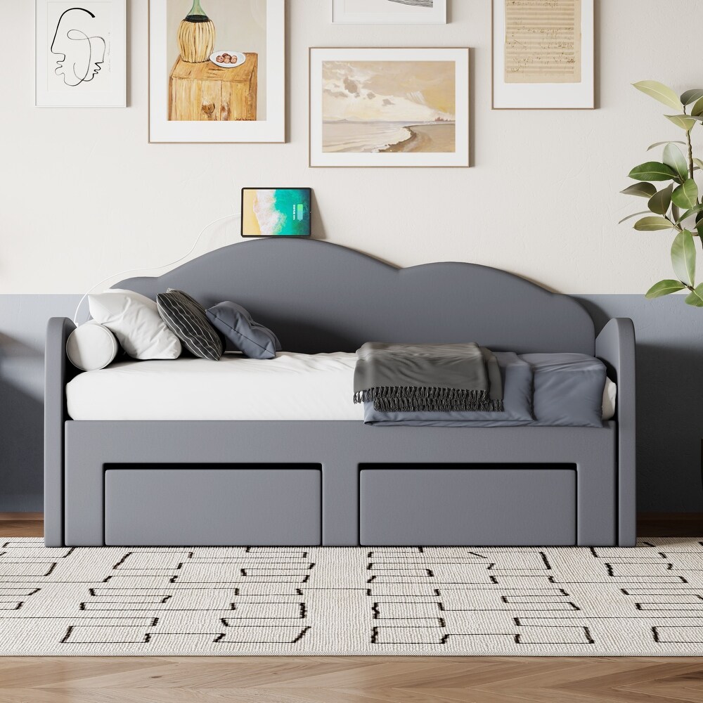 Twin to King Design Daybed Twin Size Upholstered Daybed with Cloud Shaped Velvet Backrest  Trundle and 2 Drawers   Grey