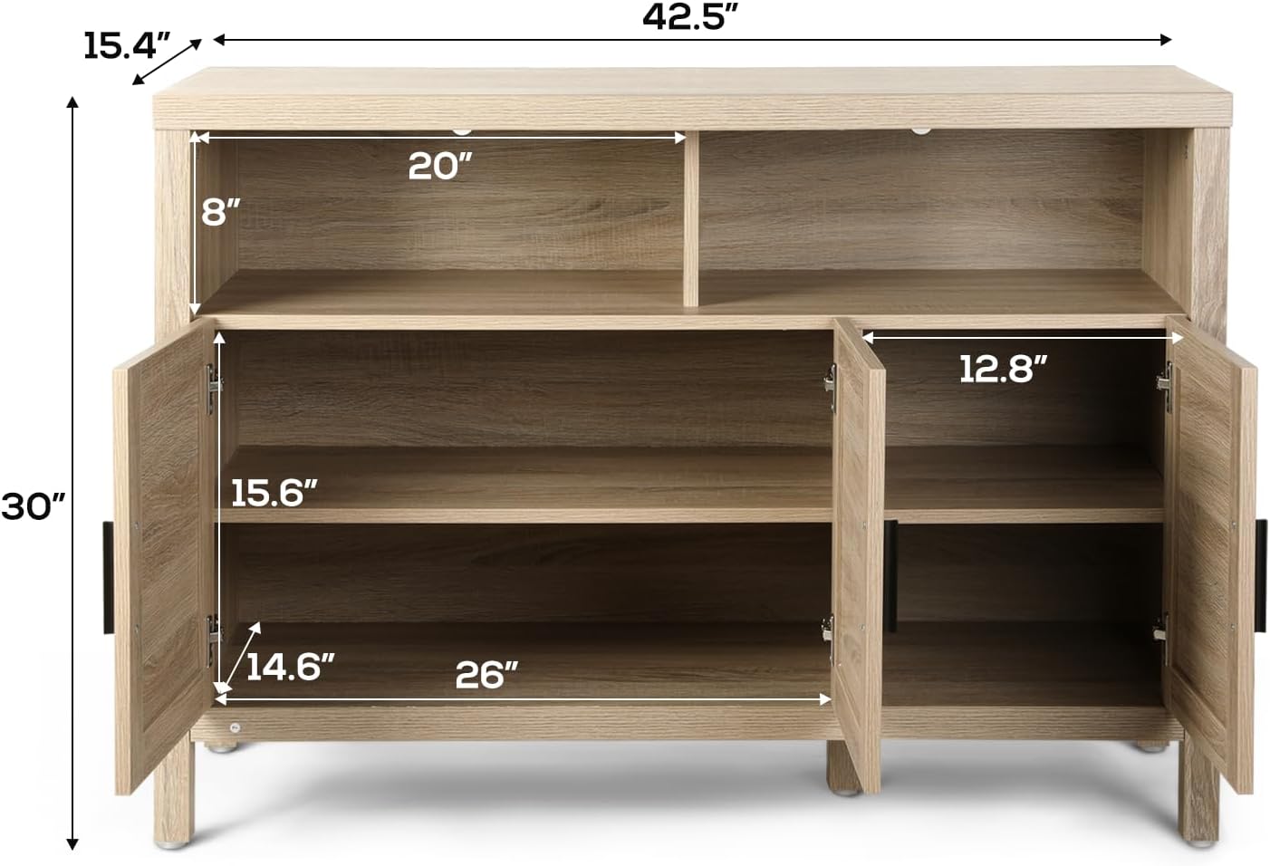 Rattan Buffet Sideboard Kitchen Storage Cabinet with 2 Shelves