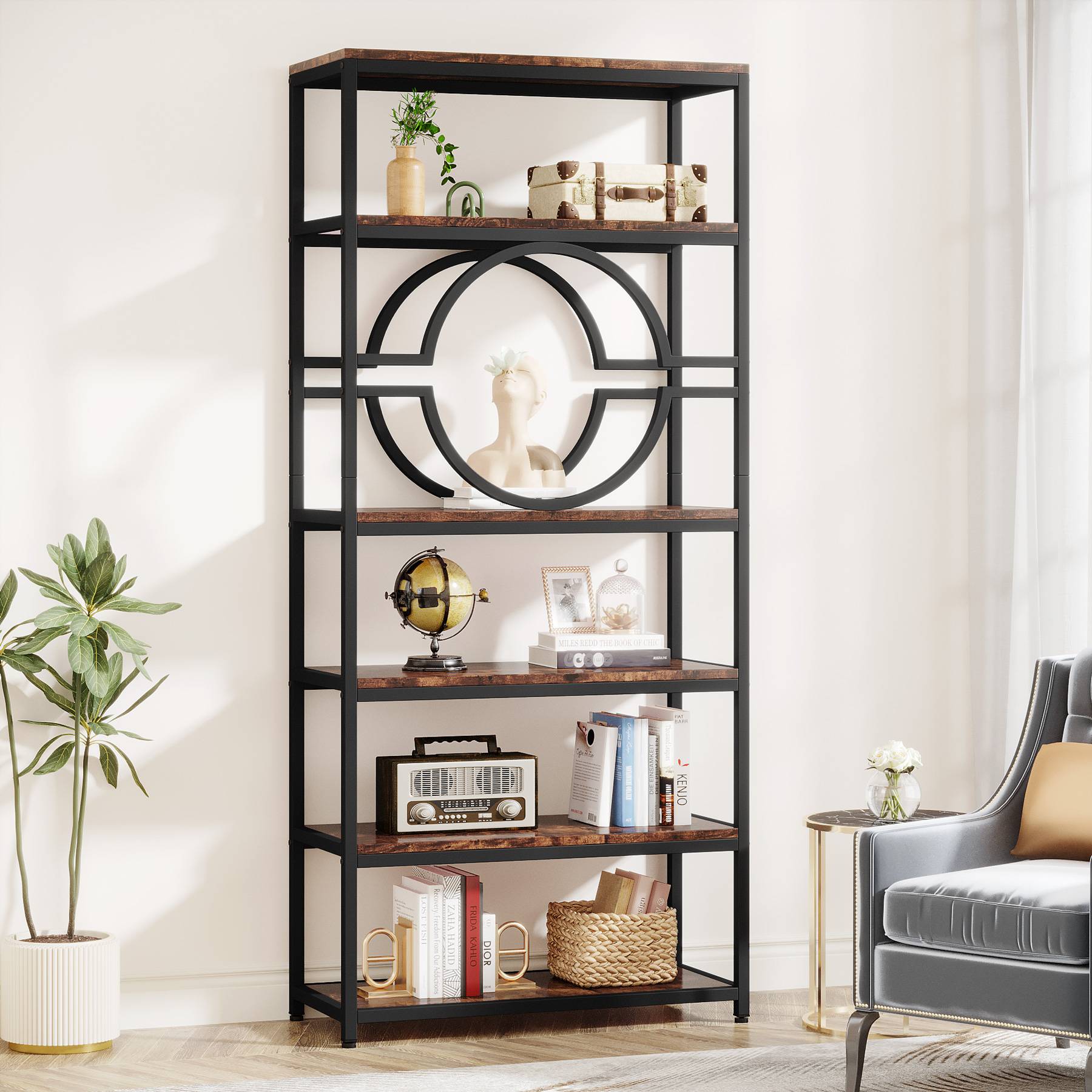 Bookshelf, 6-Tier Etagere Bookcase Freestanding Storage Shelf