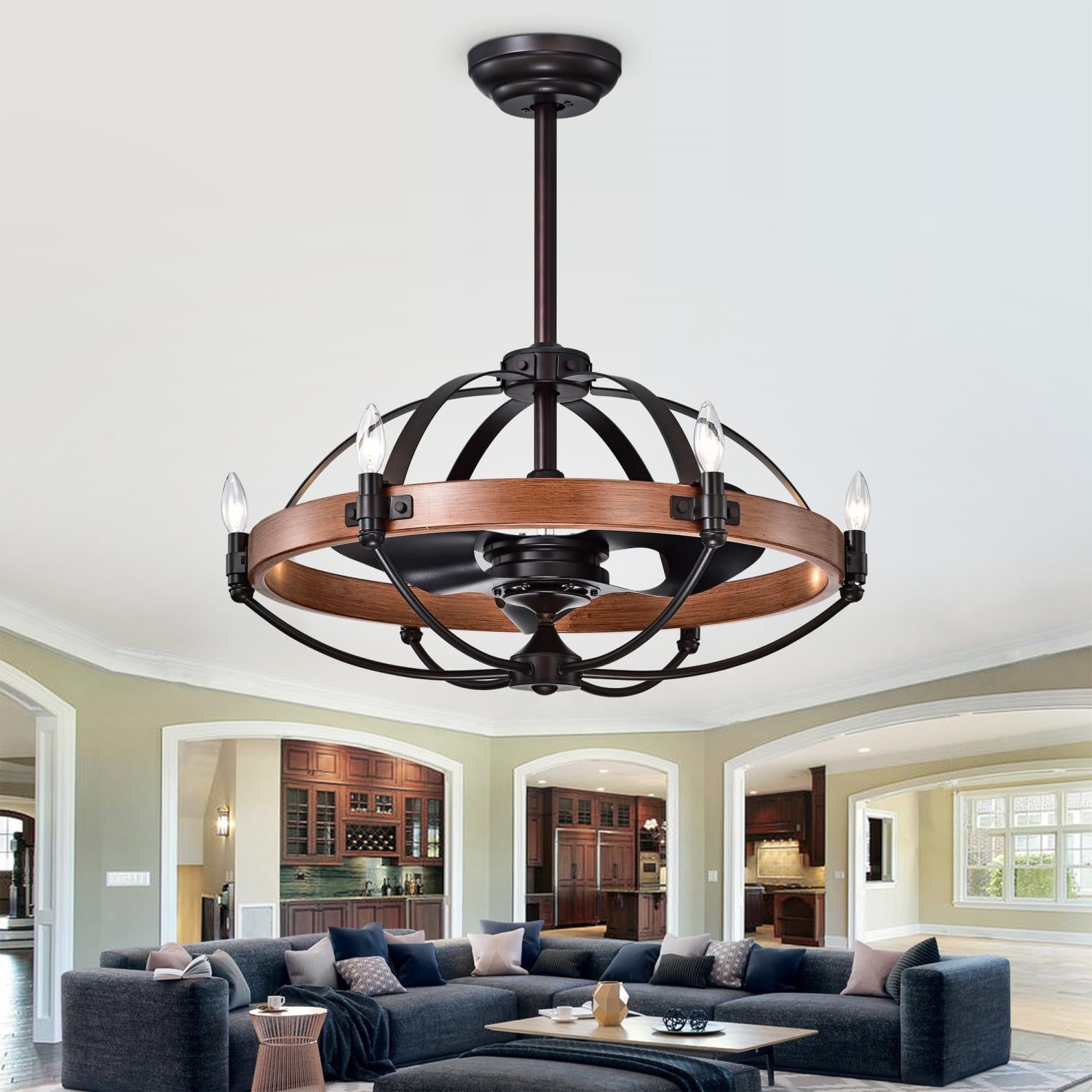 Gredis Black 30-inch 6-light Lighted Ceiling Fan Fandelier with Faux-Wood Hoop Remote Controlled