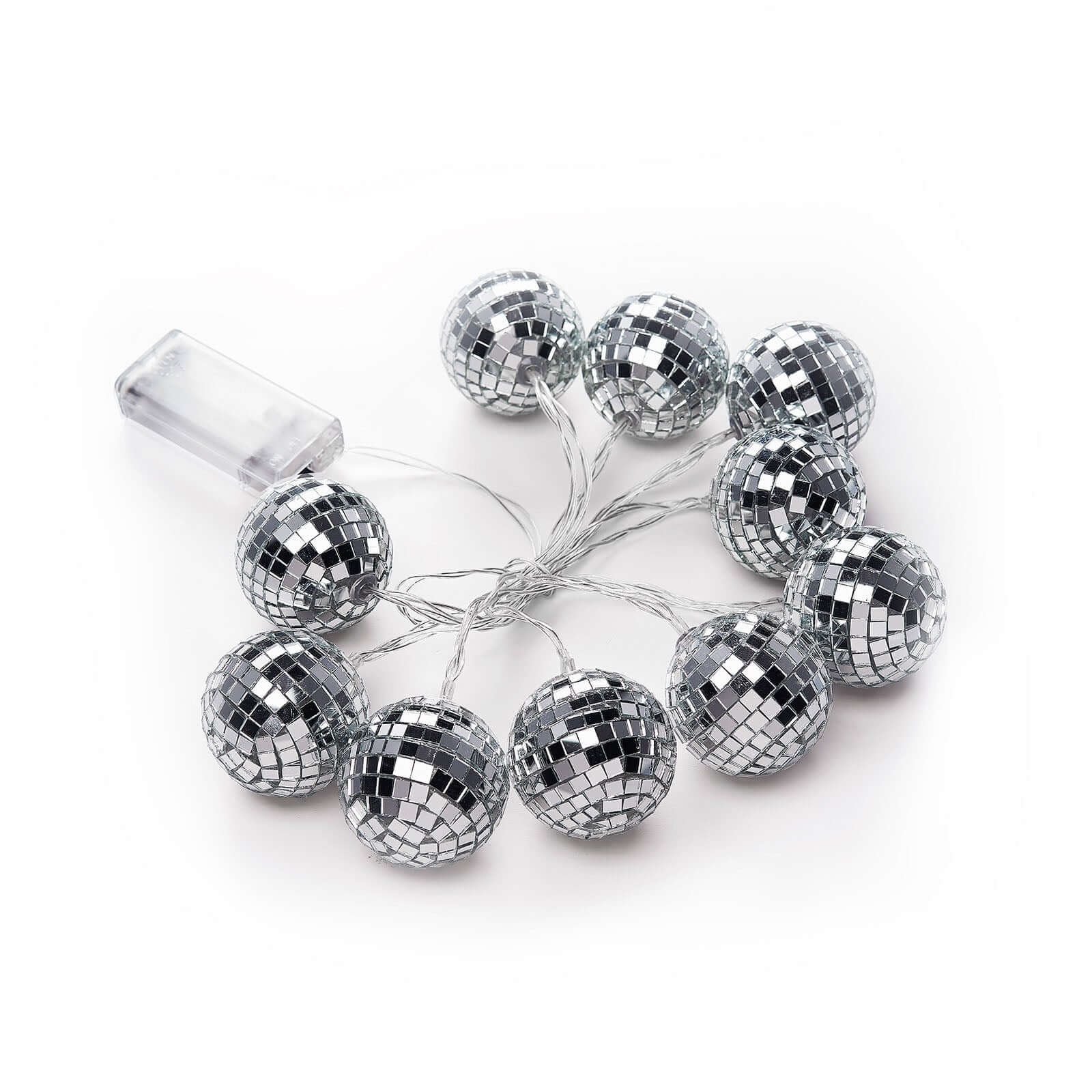 Silver Disco Mirror Ball Battery Operated 10 LED String Light Garland, Cool White 6ft