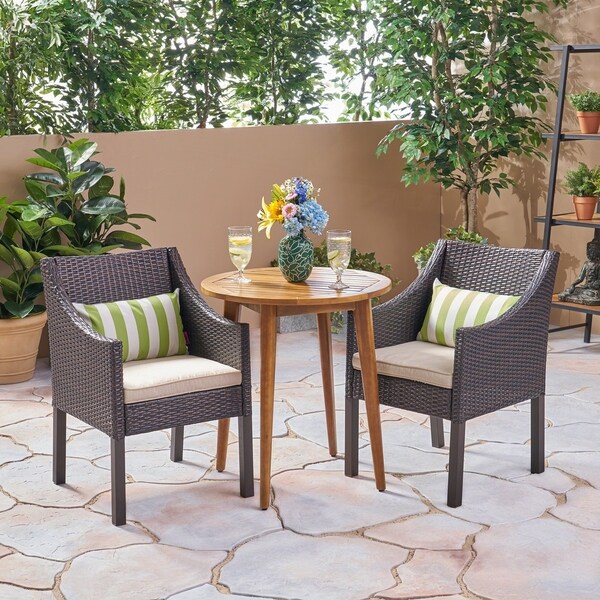 Nicola Outdoor 3 Piece Wood and Wicker Bistro Set by Christopher Knight Home