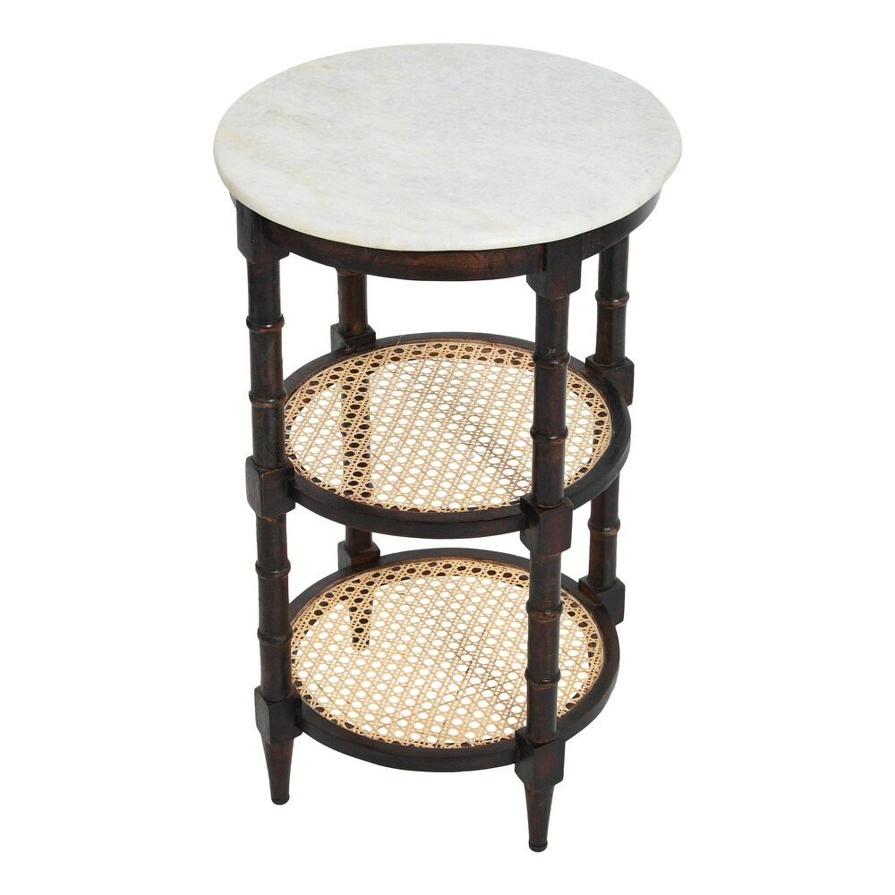 End Table with Genuine Marble Top and 2 Woven Cane Storage Shelves