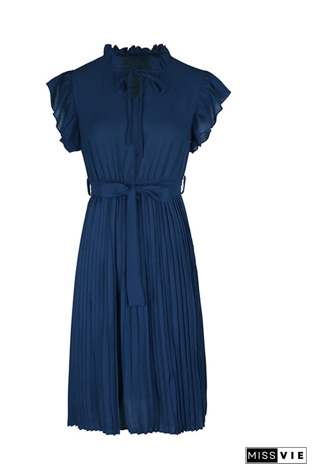 Navy V Neck Pleated Midi Dress