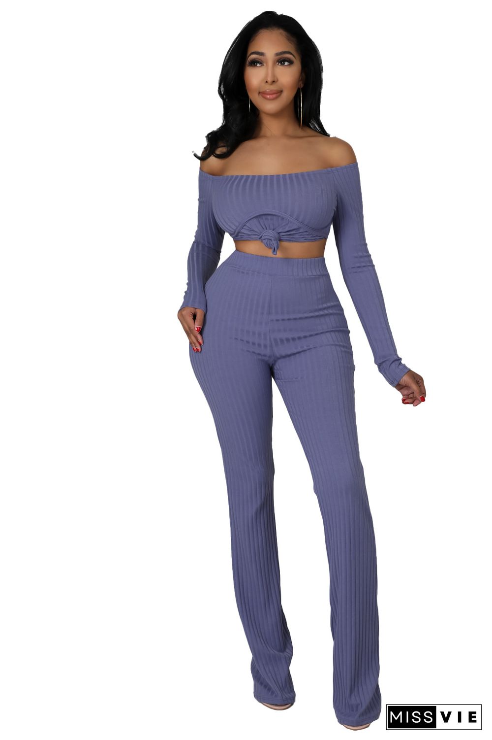 Off Shoulder Long Sleeve Top Flared Pants Set