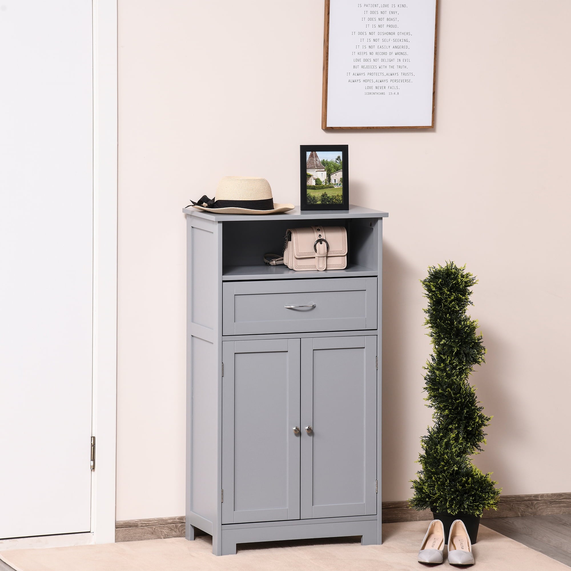 kleankin Wooden Storage Cabinet w/ Drawer Adjustable Shelf for Bathroom, Grey