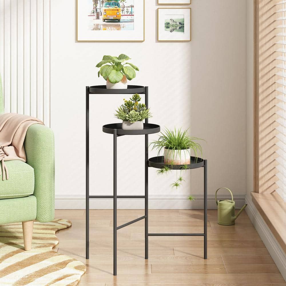 JAXPETY 30 in. Metal Corner Plant Stand in Black Indoor/Outdoor (3-Tier) HG61W0938