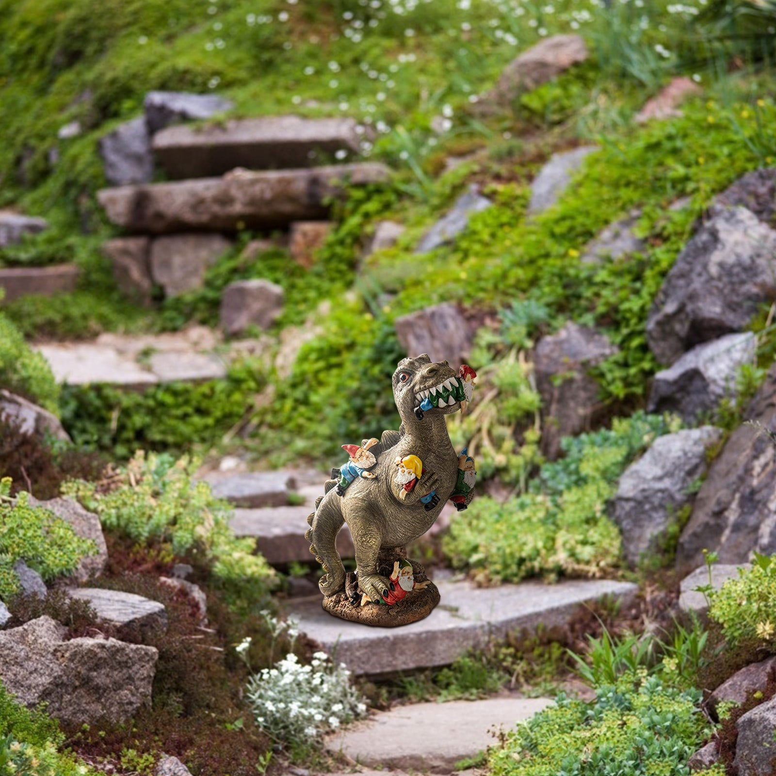 TOYFUNNY Garden Gnome Statues Outdoor Decor, Dinosaur Eating Gnomes Garden Decor