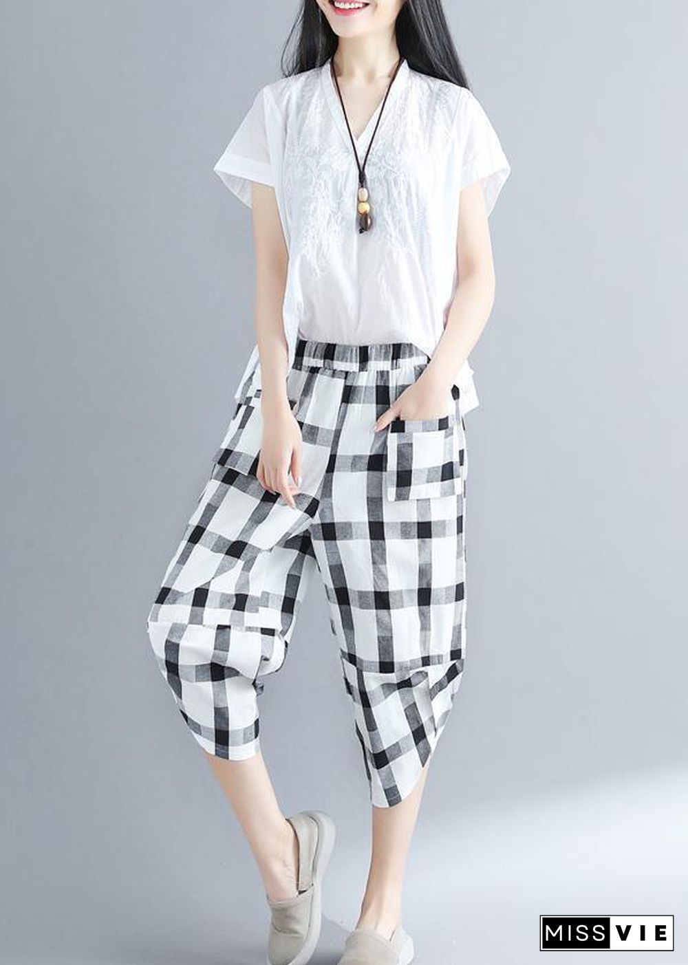 Classy cotton quilting white Plaid Art harem pants